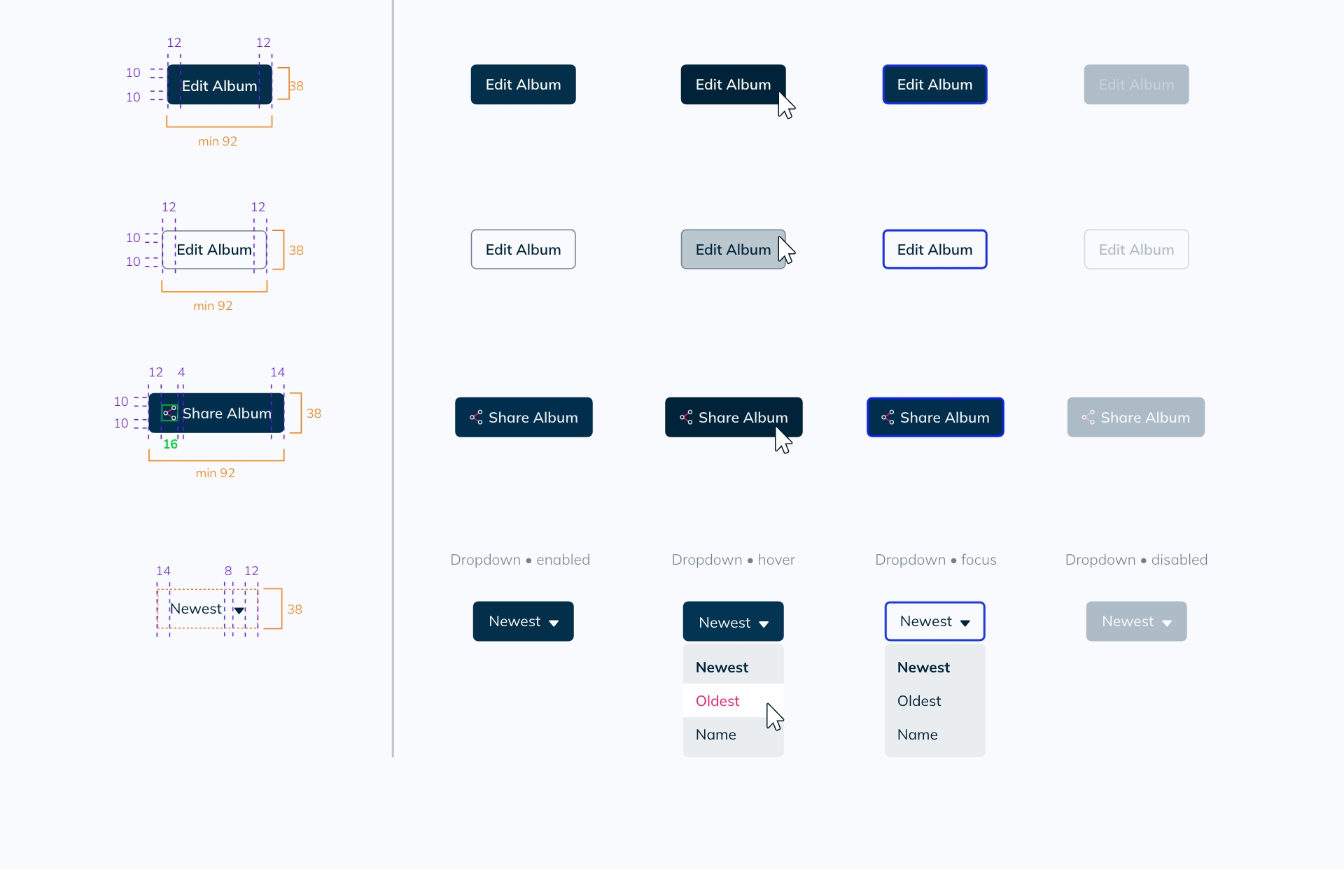 Mixup DS — Button components with spacing specs