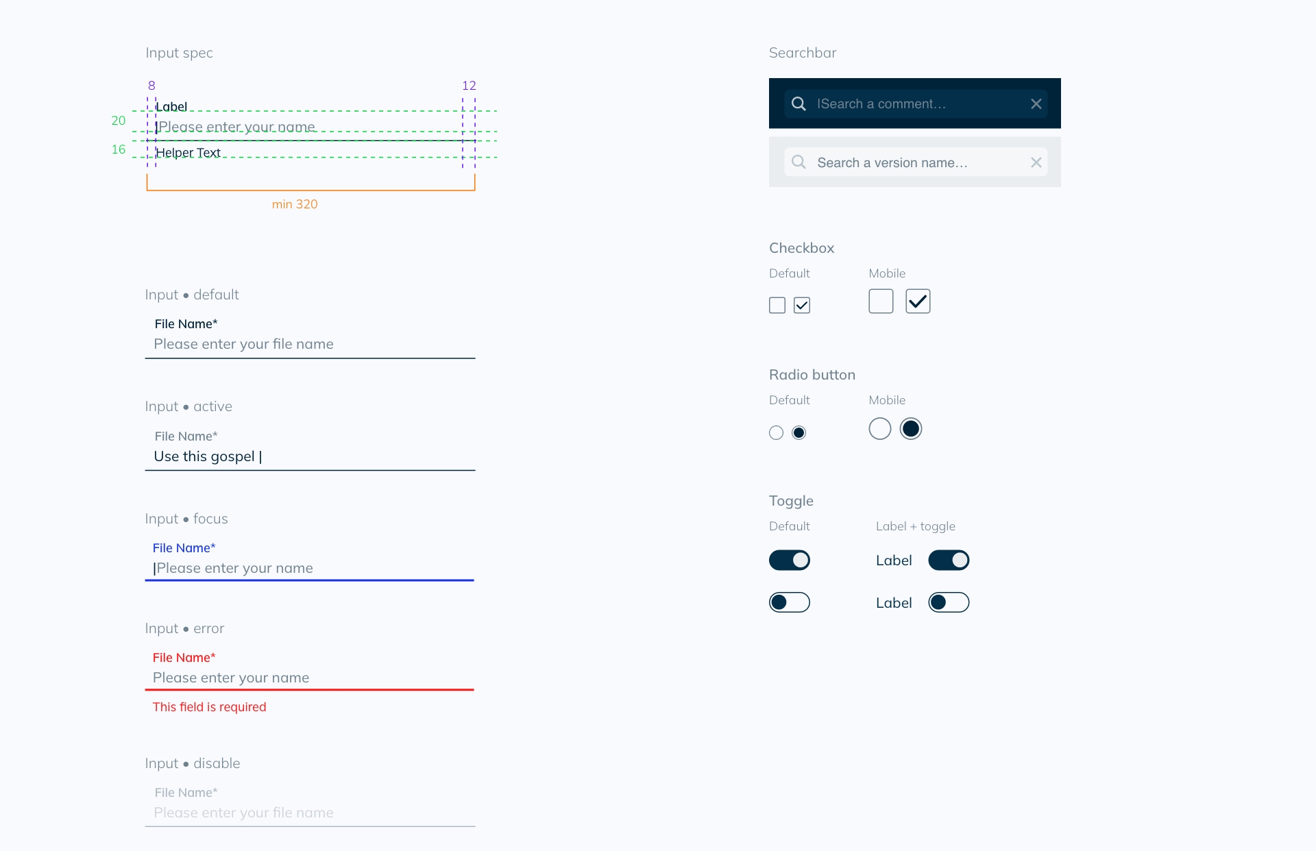Mixup DS — Input fields, checkboxes, toggles